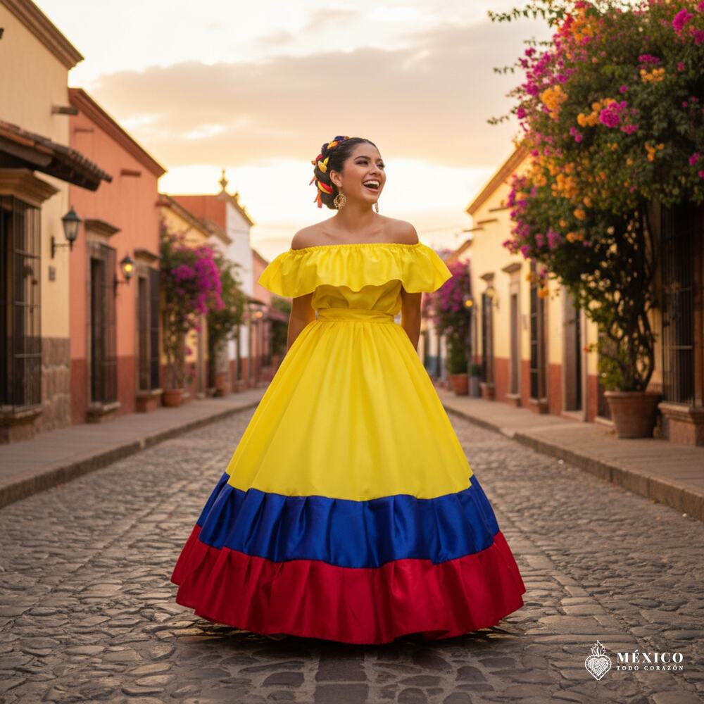 Traditional Mexican  Dress Set – Handmade Two-Piece Colombia flag colors